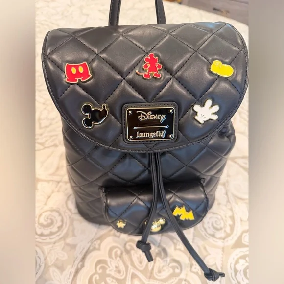 Loungefly Quilted Black Backpack with Disney Icons - Picture 2 of 4